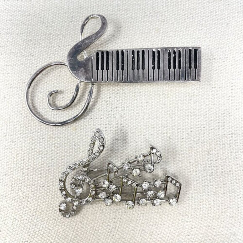 Music Themed Brooch Lot of‎ 2 Rhinestone Piano Musical Notes